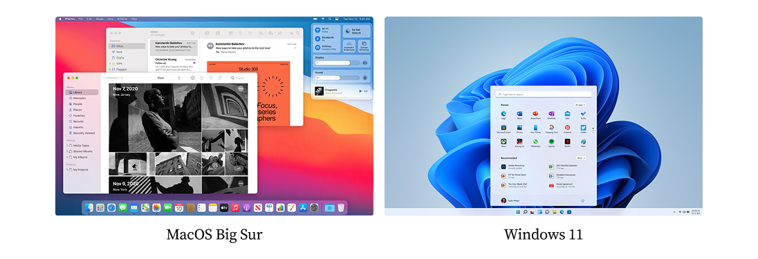 MacOS Big Sur and Windows 11 desktops